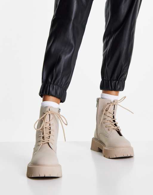 Bershka chunky lace up flat ankle boots in stone