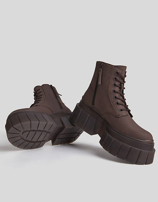 Bershka chunky lace up flat boots in chocolate with tonal sole