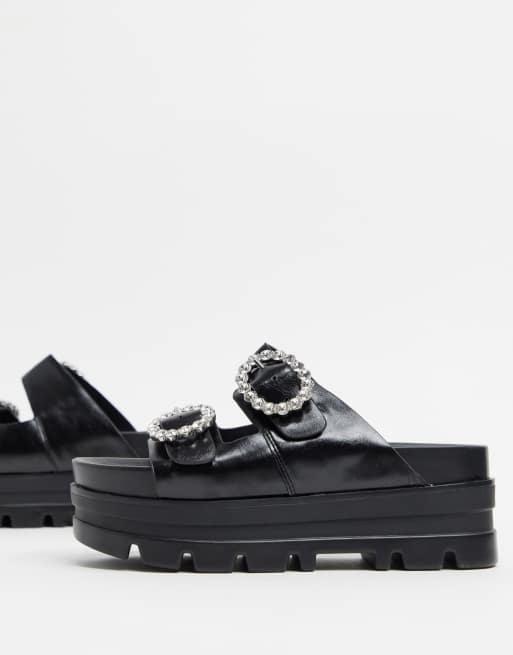 Bershka chunky platform sandal with gem detail in black