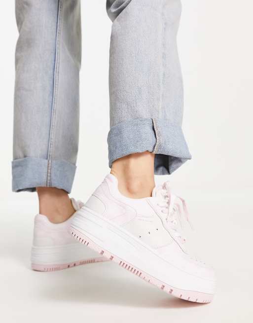 Bershka chunky platform trainer in pink & white mix