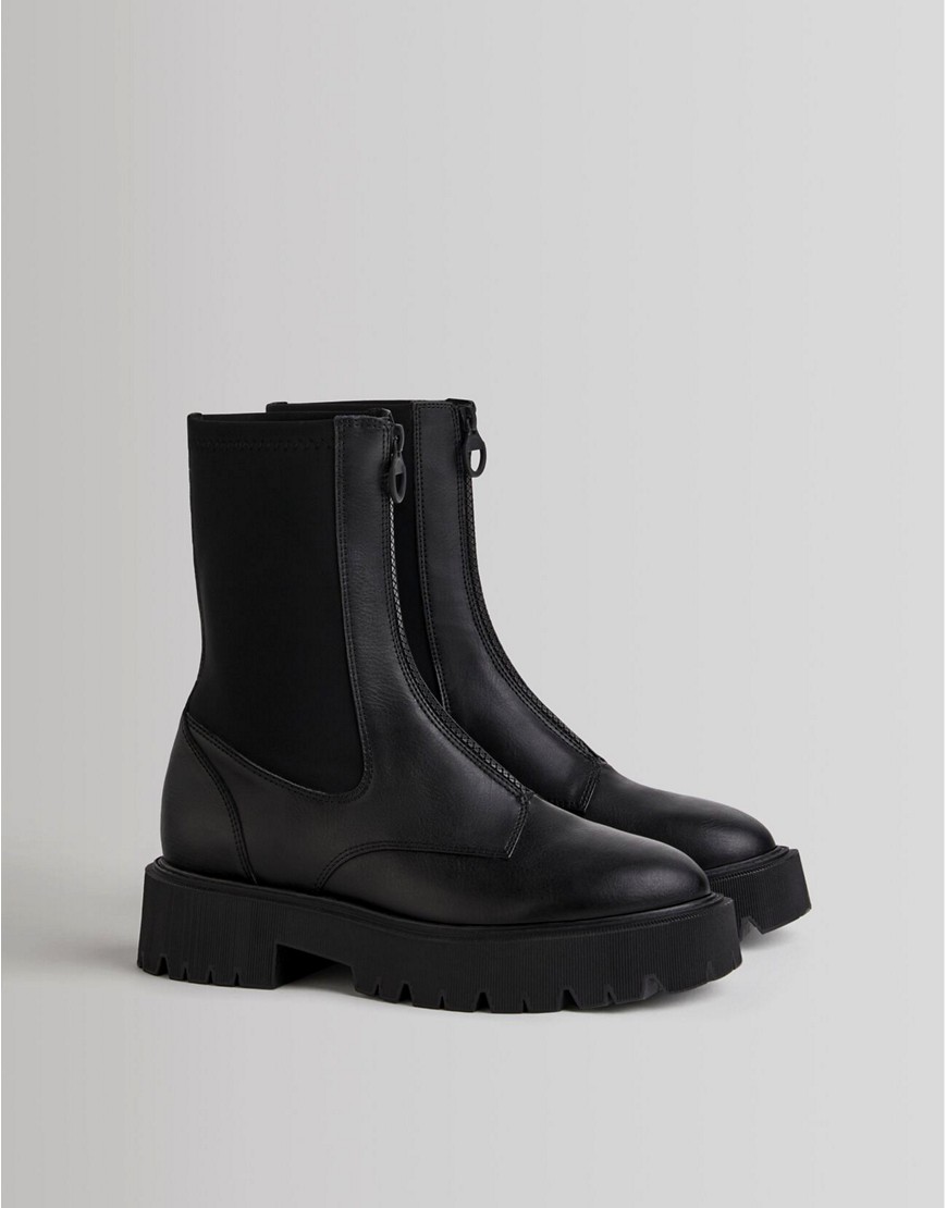 Bershka chunky pull-on ankle boots with zip front in black