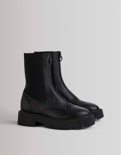 Bershka chunky pull on ankle boots with zip front in black