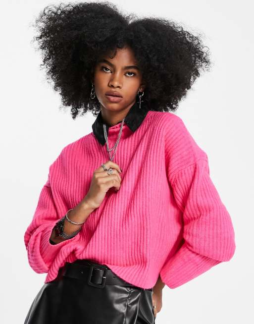 Bershka chunky roll neck jumper in bright pink ASOS