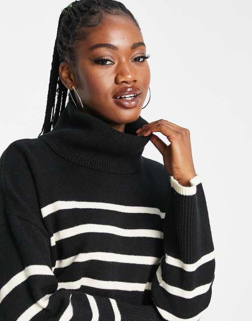 Bershka chunky roll neck stripe jumper in black ASOS