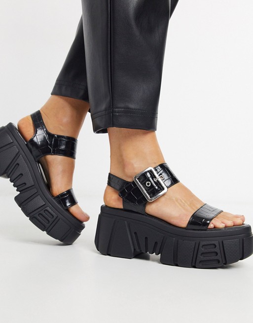 Bershka chunky sandals with buckle in black croc