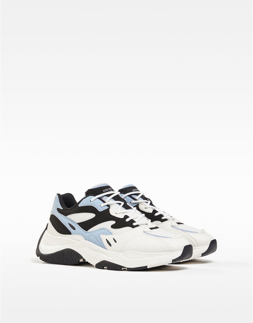 Bershka chunky sneakers in white with blue detailing