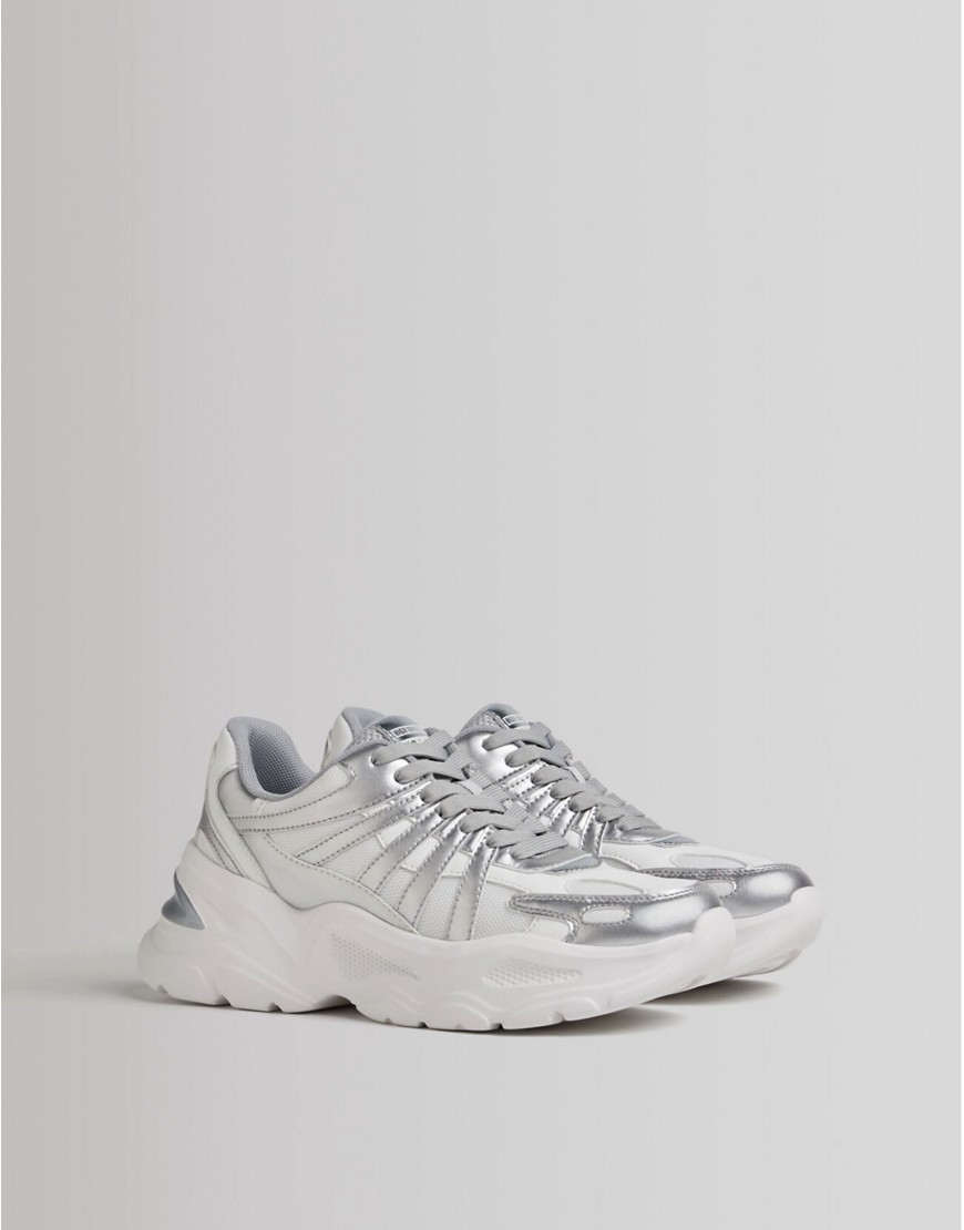 Bershka chunky sneakers in white with metallic detail