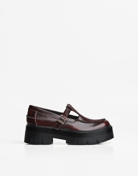 Bershka Chunky sole loafers with strap in burgundy - view 1