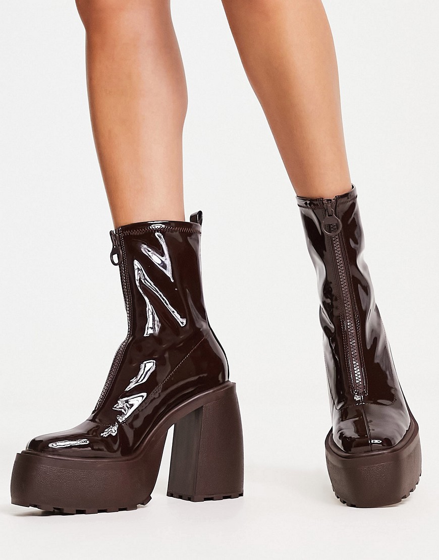 Bershka chunky sole platform heeled boot in faux patent brown