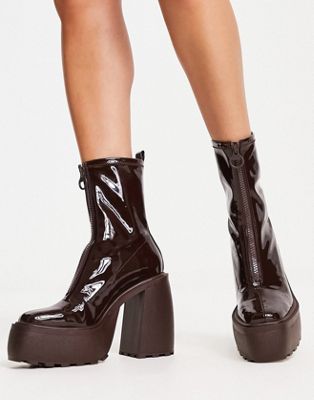 Bershka chunky sole platform heeled boot in patent brown