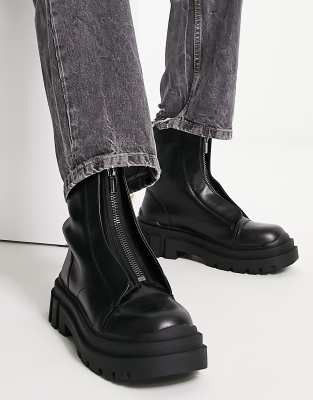 Bershka Chunky Zip Front Boot In Black | ModeSens
