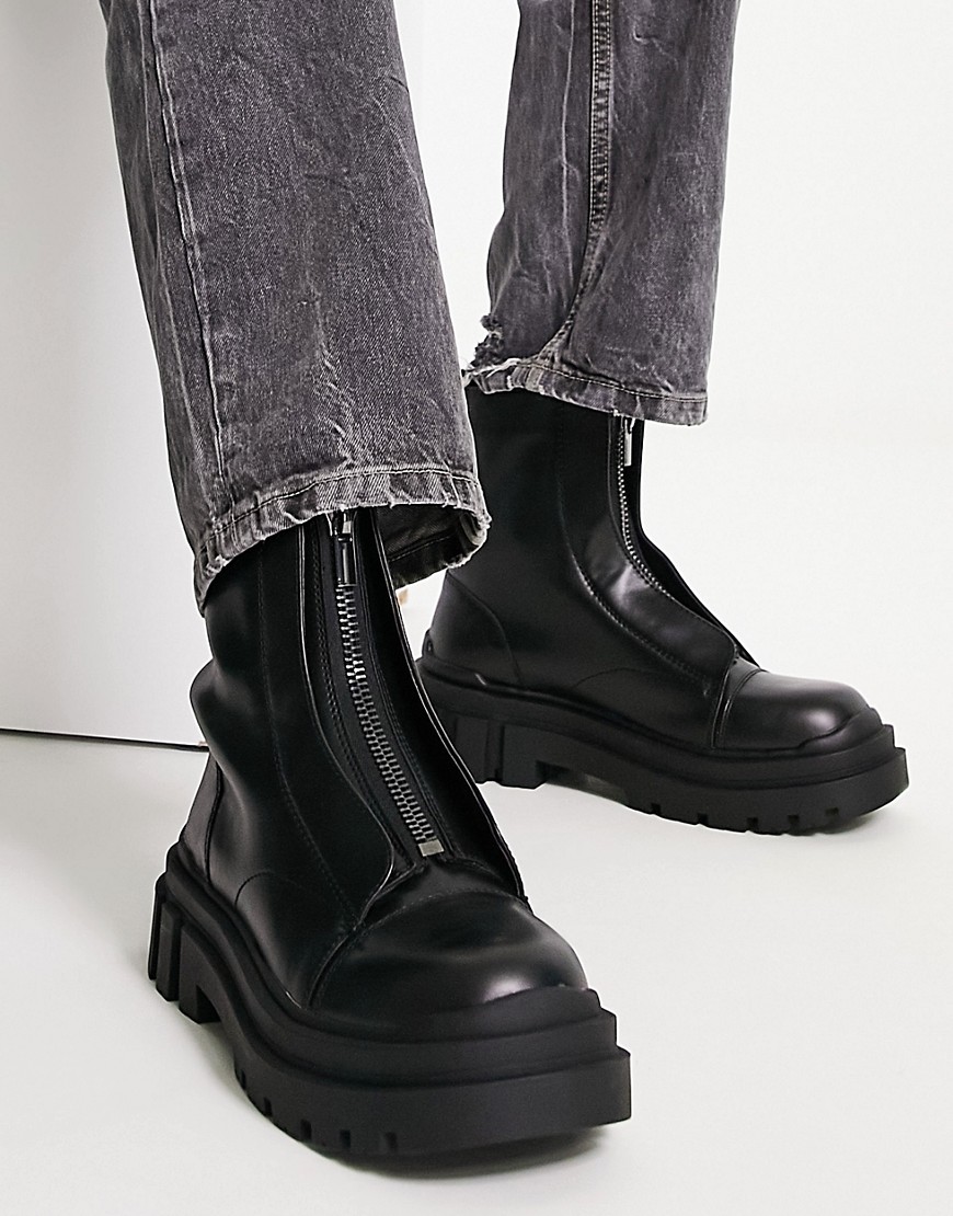 Bershka chunky zip front boot In black