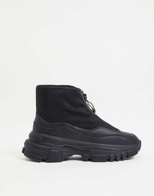 Bershka chunky zip up boots in black | ASOS