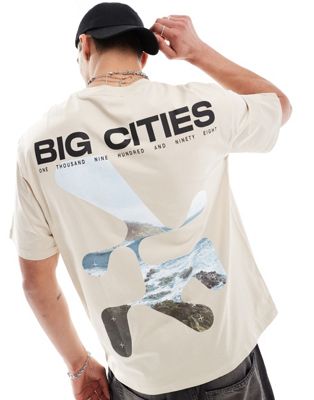 Bershka cities back printed t-shirt in beige