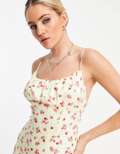 Bershka – Citrongul, blommig klänning i satin med snörning baktill, 3 av 4