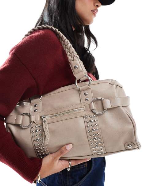 Bershka city bag with stud detail in beige - view 1