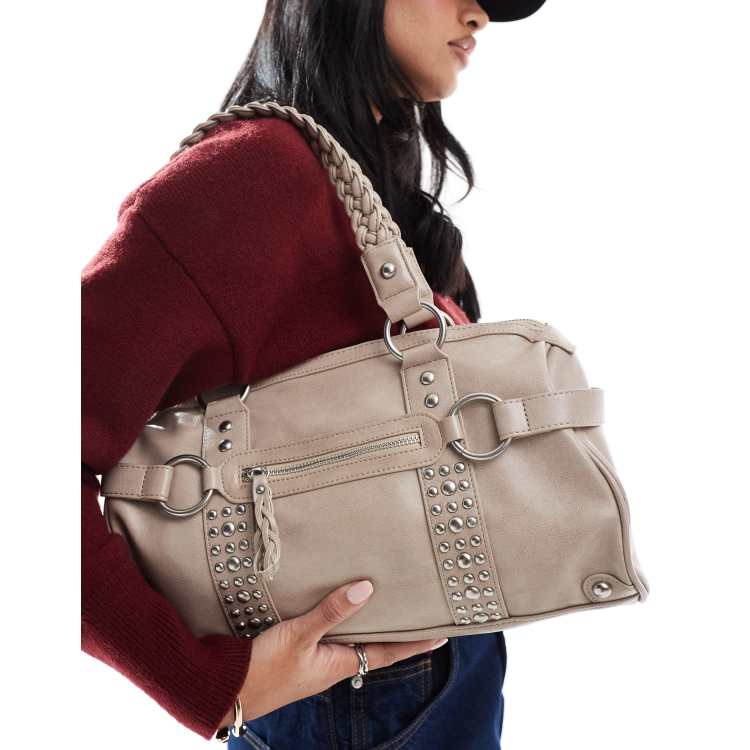Bershka city bag with stud detail in beige ASOS