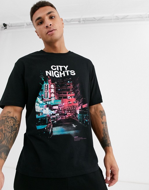 Bershka city nights t-shirt in black