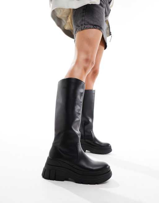 Bershka cleated sole chunky calf length boots in black