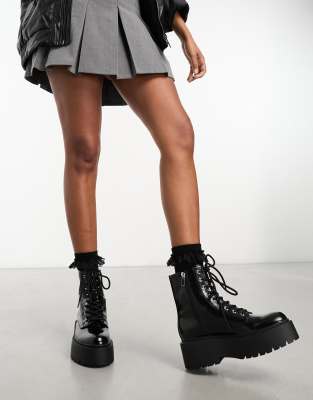 Bershka Cleated Sole Platform Biker Boots In Black