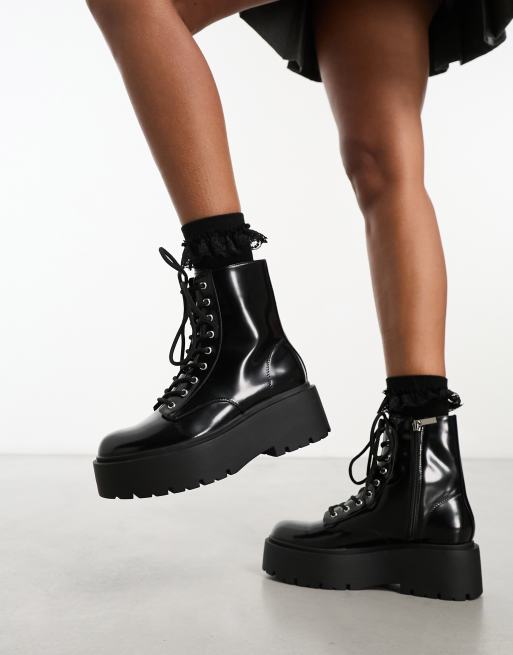 hjort rangle Rend Bershka cleated sole platform biker boots in black | ASOS