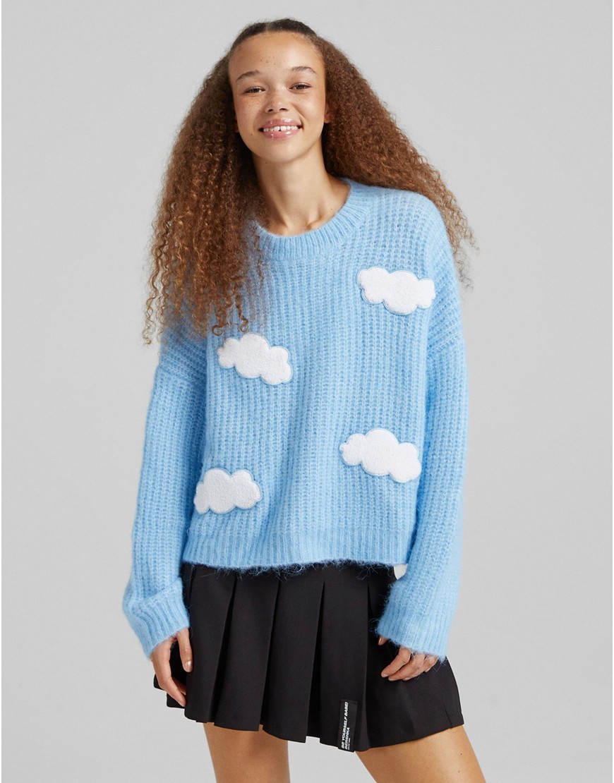 Bershka cloud detail sweater in blue-Blues