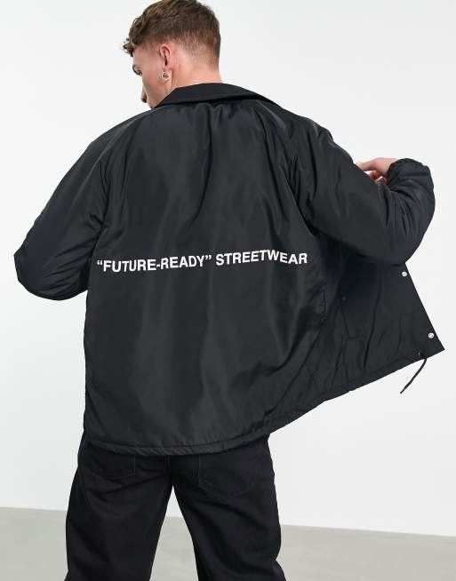 Bershka coach jacket with back print in black | ASOS