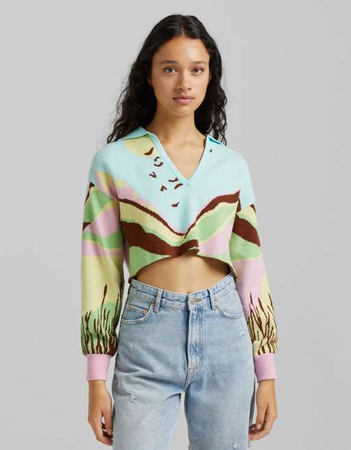 Bershka collar detail retro graphic jumper in multi ASOS