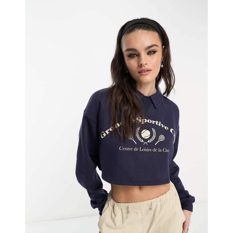 Bershka collared crop tennis sweatshirt in navy ASOS