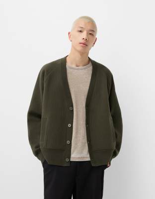 Bershka Collection boxy fit cardigan in khaki-Green