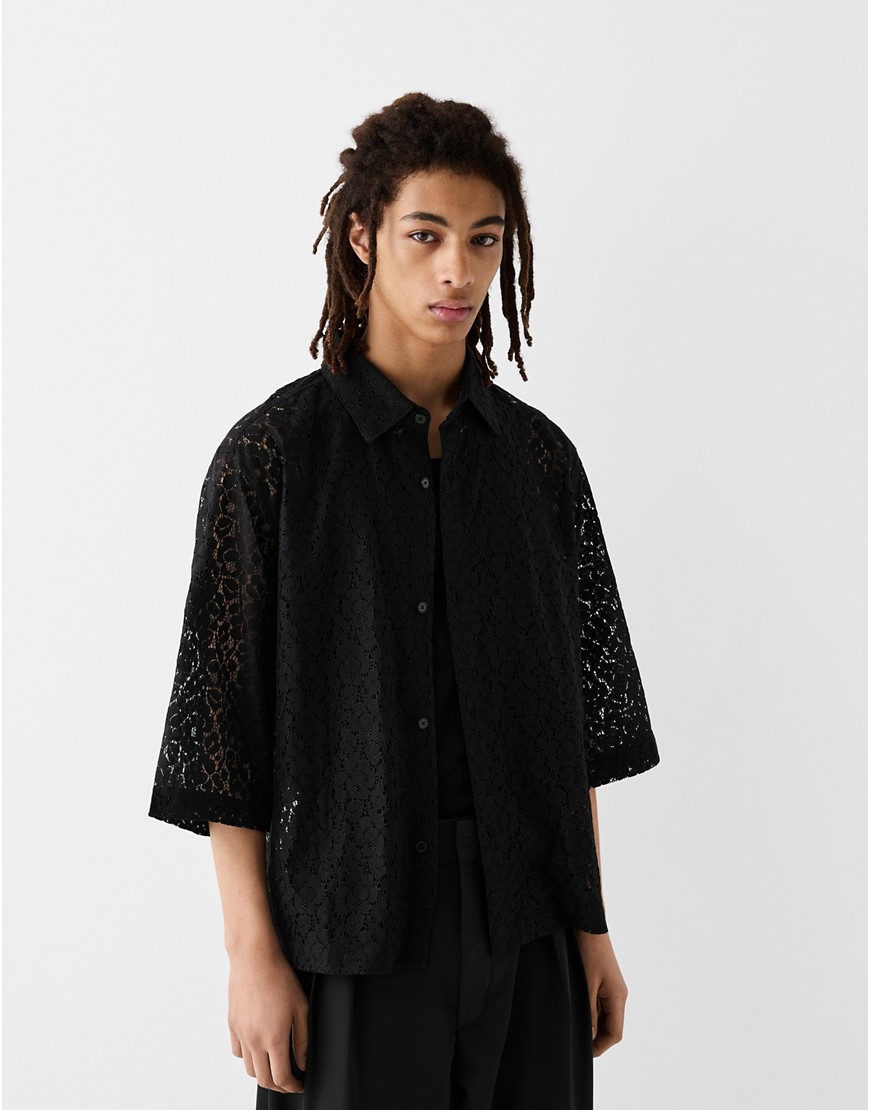 Bershka Collection boxy sleeve lace shirt in black