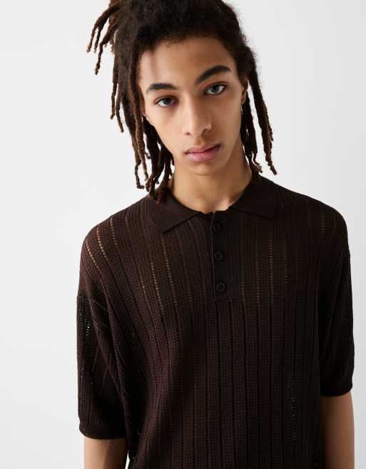 Bershka – Collection – Brun, stickad pikétröja 