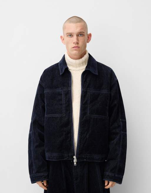 Bershka Collection – Ciemnoniebieska kurtka jeansowa, część zestawu, 3 z 4