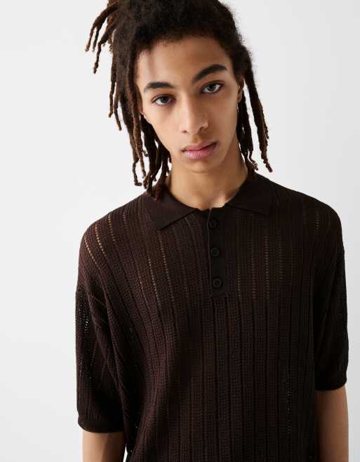  Bershka Collection knitted polo in brown 