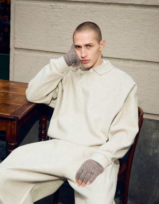 Bershka Collection knitted polo in sand (part of a set) 