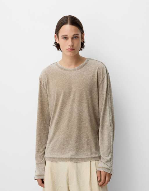 Bershka – Collection – Langärmliges Shirt in verwaschenem Beige
