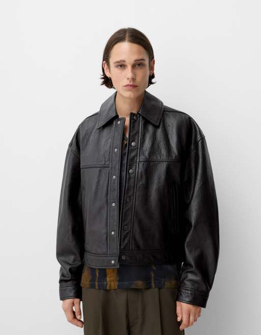 Bershka Collection leather bomber jacket in black