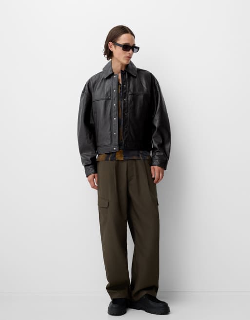 Bershka - Collection - Leren bomberjack in zwart 