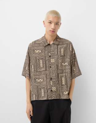 Bershka Collection patterned boxy oversized shirt in beige-Neutral