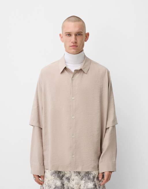 Bershka – Collection – Piaskowa dwuwarstwowa koszula z długim rękawem 