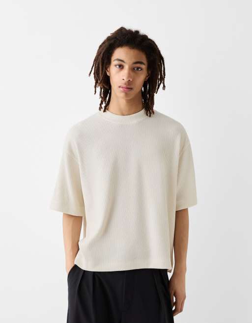 Bershka Collection - Ribstrikket T-shirt i hvid i firkantet pasform
