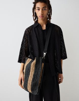 Bershka Collection stripe basket bag in black