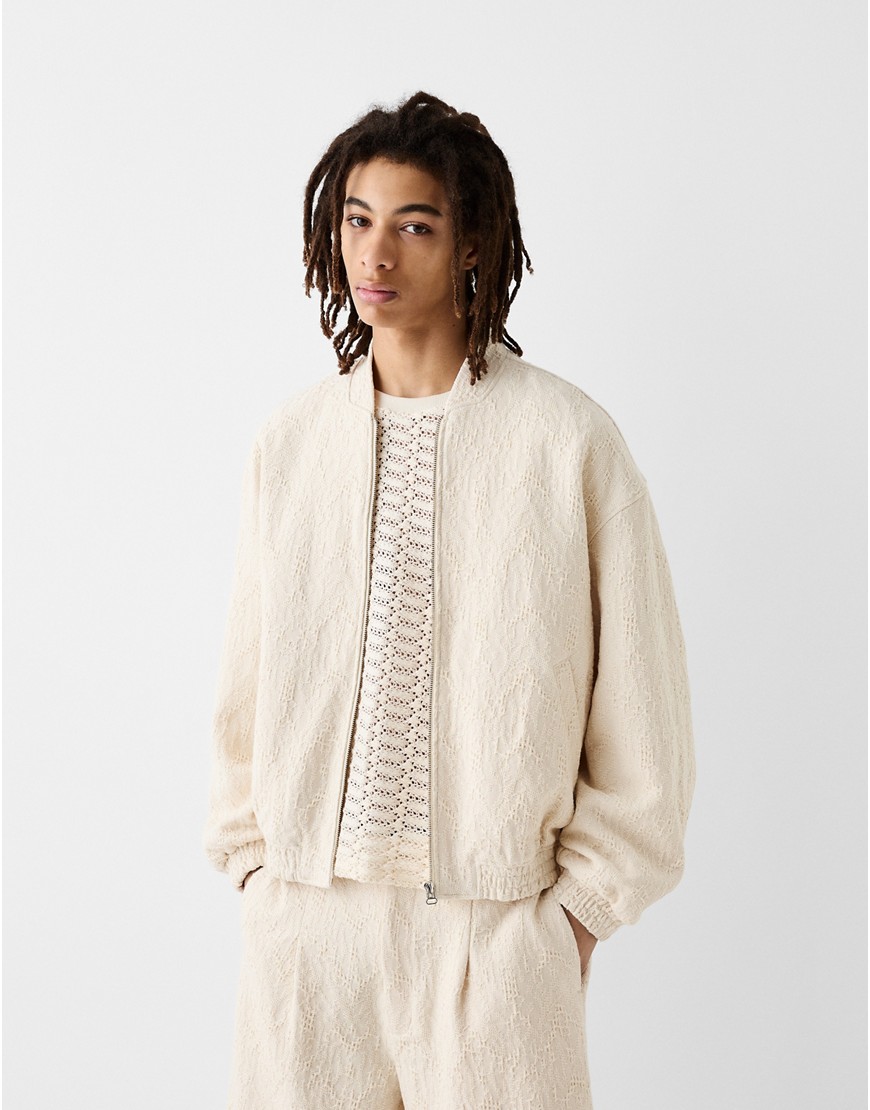 Bershka Collection texture bomber jacket in cream-White