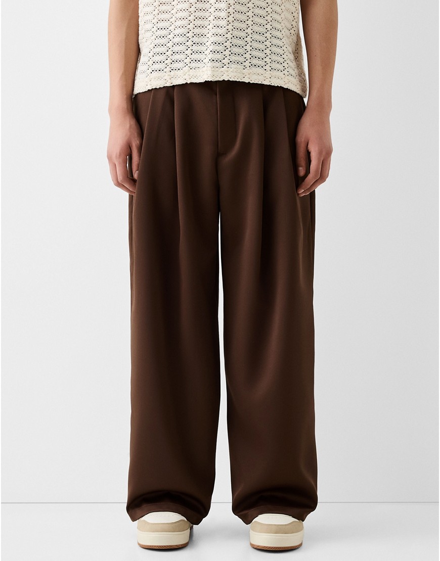 Bershka Collection wide tailored trouser in brown