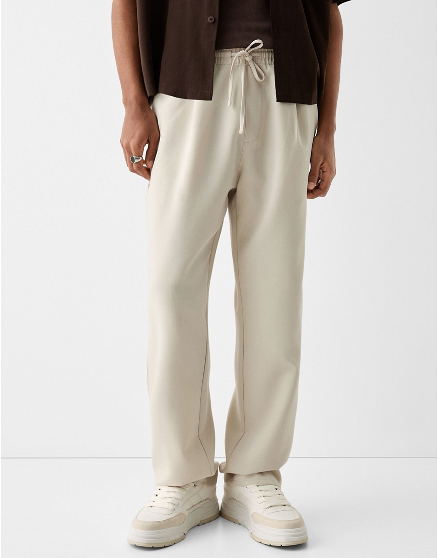 Bershka Collection wide tailored trouser in tan-Brown