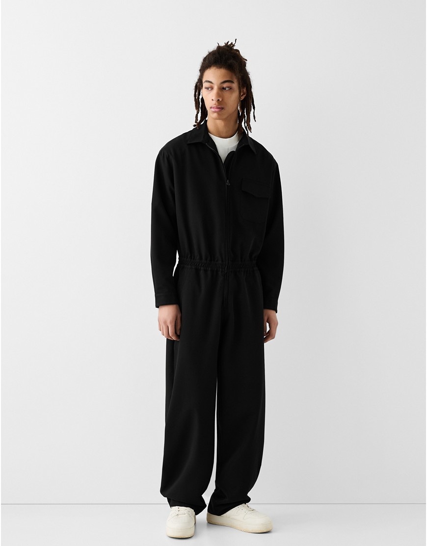 Bershka Collection zip up jumpsuit in black