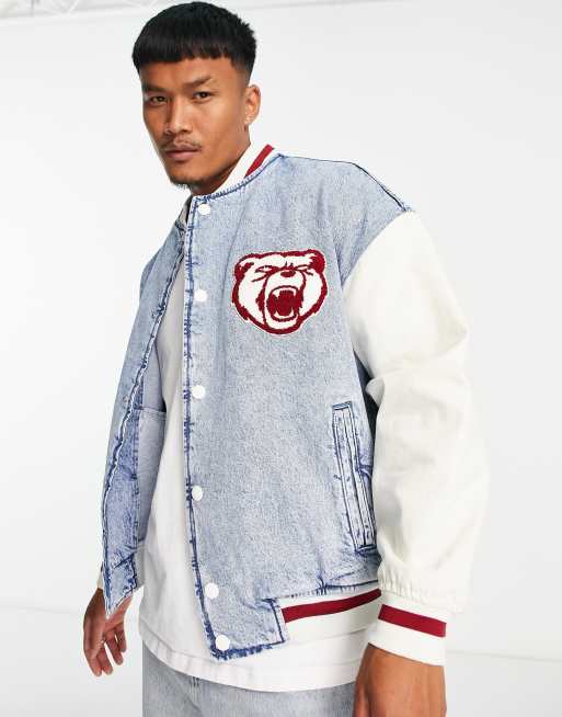 Bershka – College-Jacke in Blau mit farblich abgesetzten Ärmeln