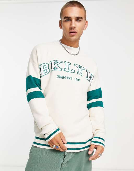 Bershka collegiate brooklyn knitted crew neck in ecru