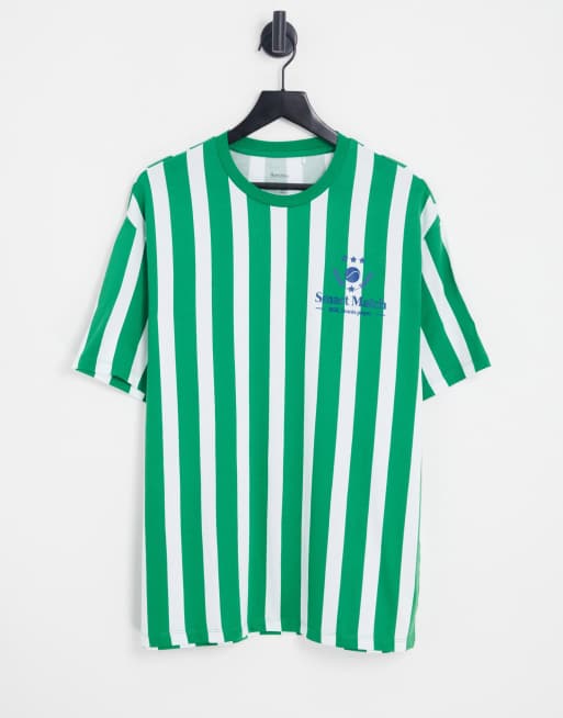 Bershka collegiate t-shirt in green stripe (part of a set)
