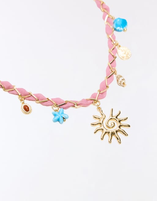 Bershka - Collier en corde tressée avec breloques - Rose, 2 de 3